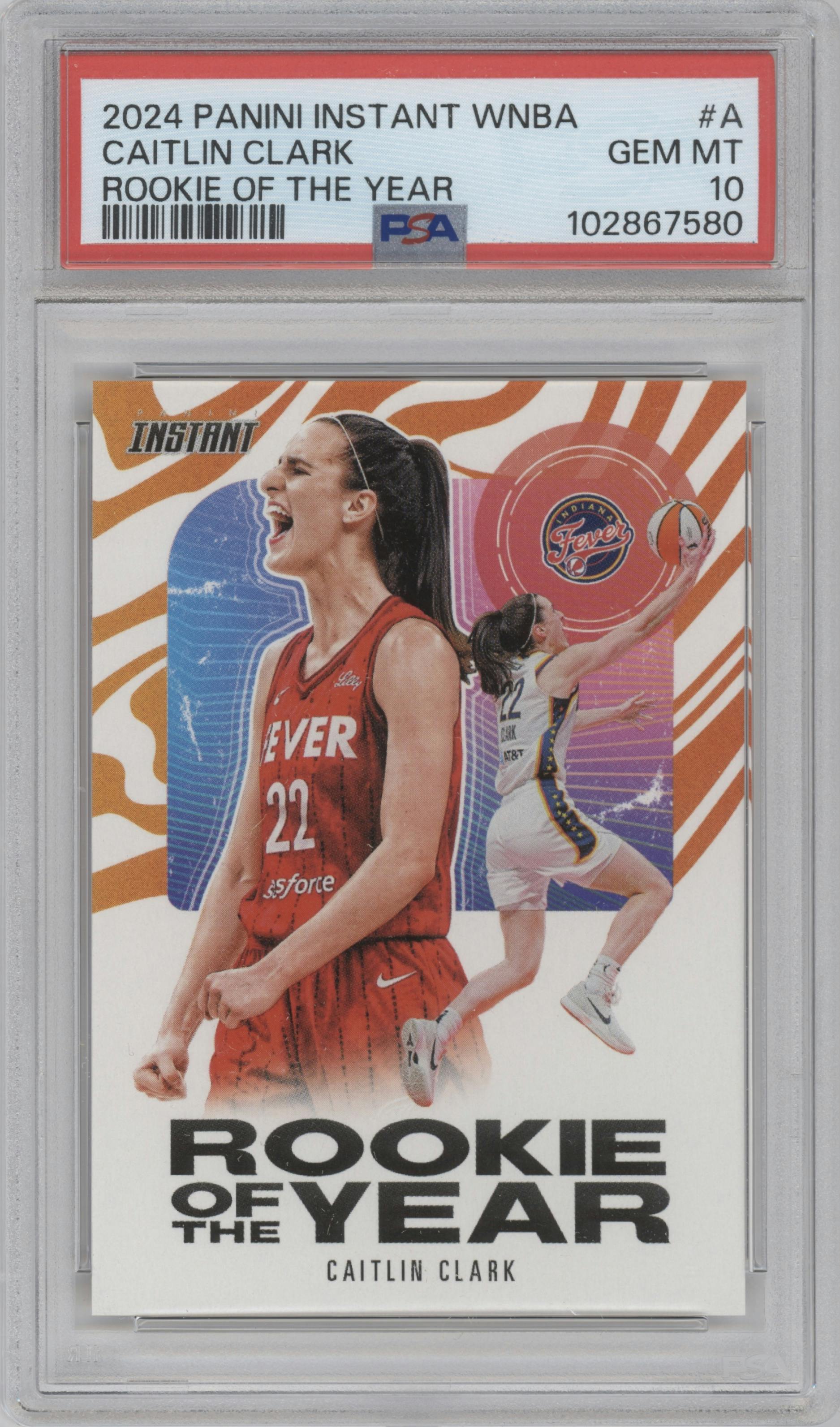 Caitlin Clark from the 2024-25 Panini Instant WNBA set graded by PSA and given an overall grade of 10.
