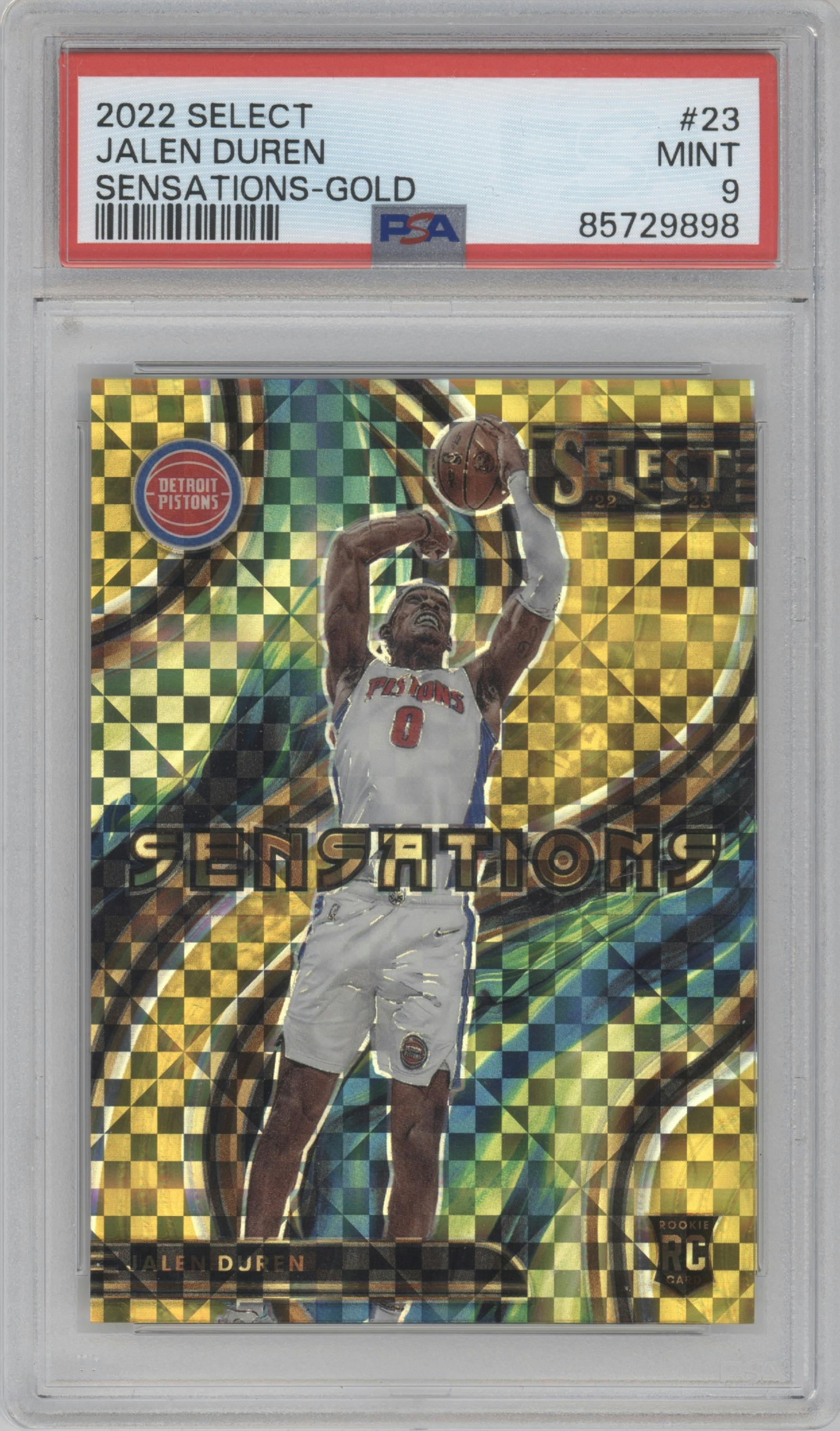 Jalen Duren from the 2022-23 Panini Select set featuring a Gold Prizm parallel graded by PSA and given an overall grade of 9.