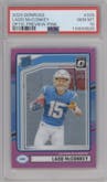 Ladd McConkey from the 2024 Donruss set featuring a Pink parallel graded by PSA and given an overall grade of 10.