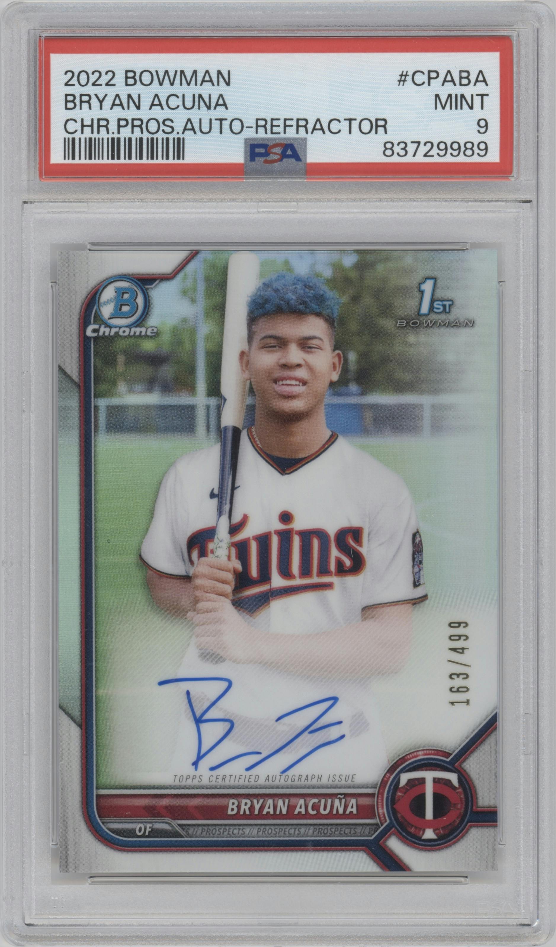Bryan Acuna from the 2022 Bowman set featuring a Refractor  parallel graded by PSA and given an overall grade of 9.