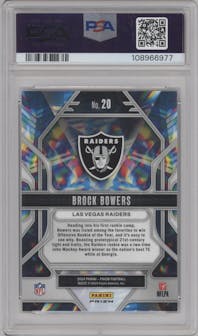 Brock Bowers from the 2024 Panini Prizm set featuring a Green Ice Prizm parallel graded by PSA and given an overall grade of 9.