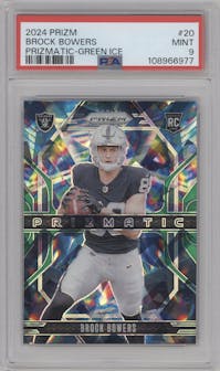 Brock Bowers from the 2024 Panini Prizm set featuring a Green Ice Prizm parallel graded by PSA and given an overall grade of 9.