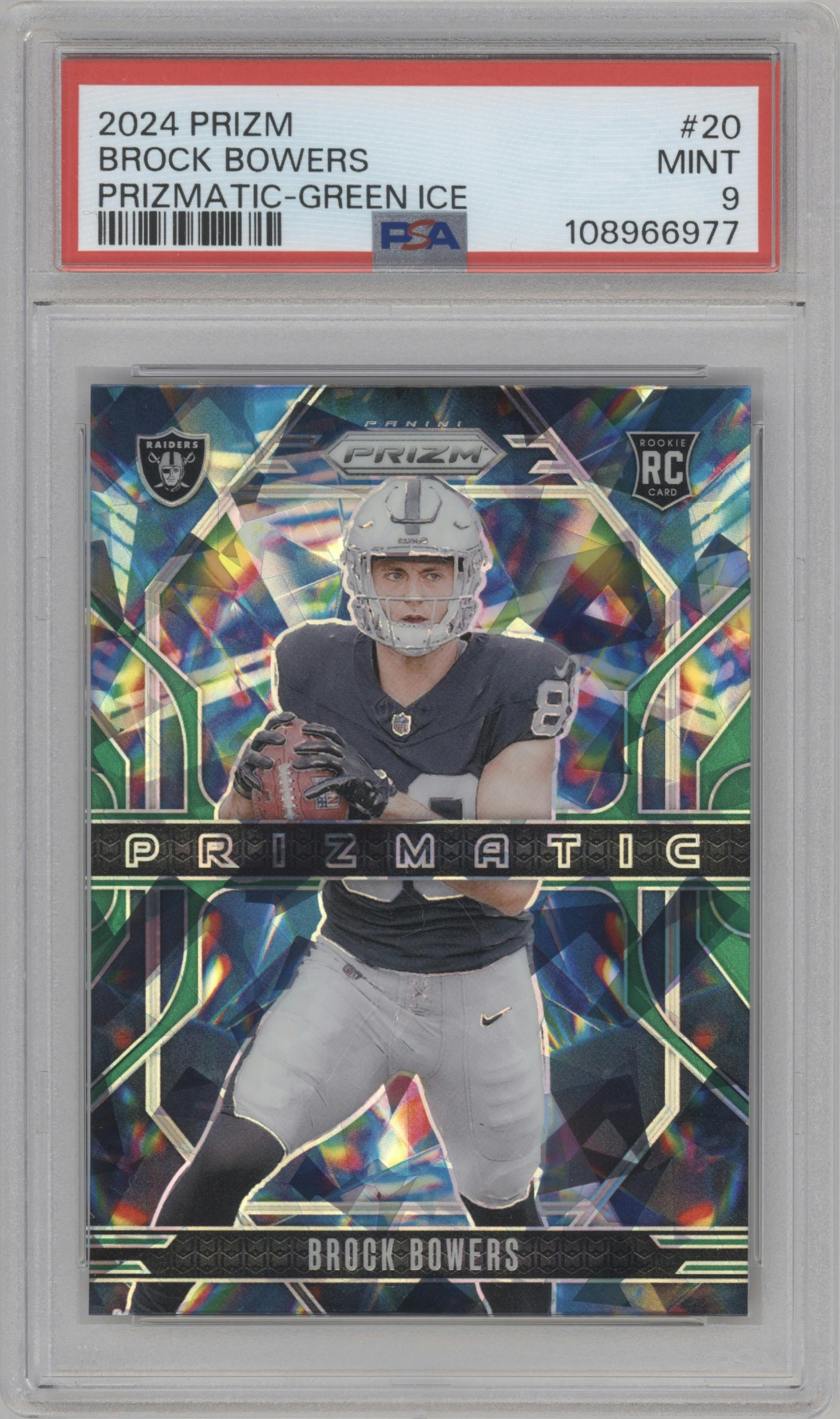 Brock Bowers from the 2024 Panini Prizm set featuring a Green Ice Prizm parallel graded by PSA and given an overall grade of 9.