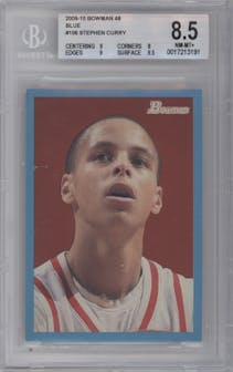Stephen Curry from the 2009-10 Bowman '48 set featuring a Blue parallel graded by Beckett and given an overall grade of 8.5.