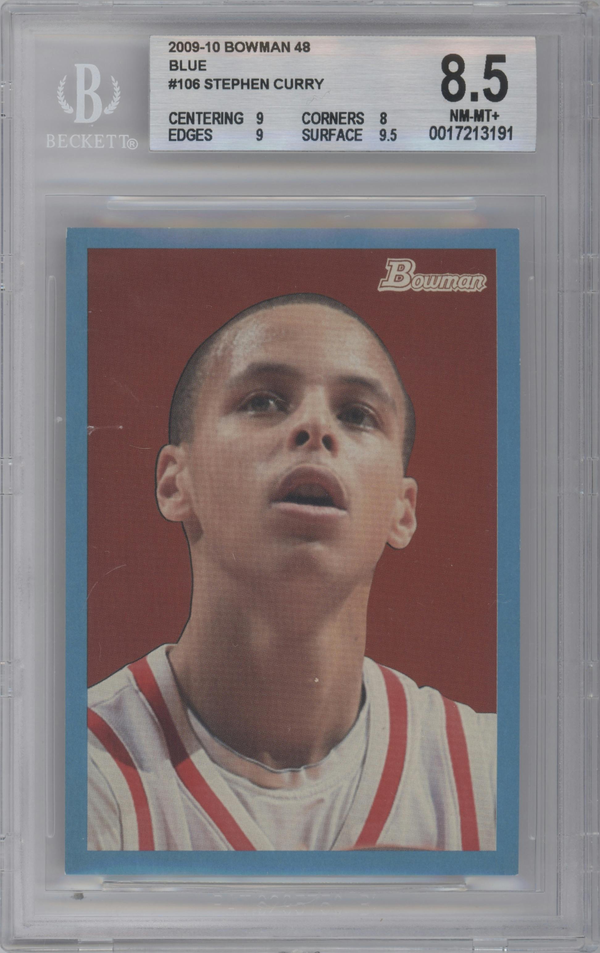 Stephen Curry from the 2009-10 Bowman '48 set featuring a Blue parallel graded by Beckett and given an overall grade of 8.5.