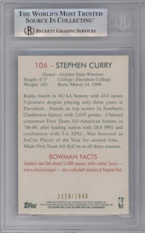 Stephen Curry from the 2009-10 Bowman '48 set featuring a Blue parallel graded by Beckett and given an overall grade of 8.5.