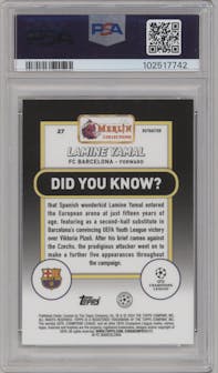 Lamine Yamal from the 2023-24 Topps Merlin UEFA Club Competitions set featuring a Refractor parallel graded by PSA and given an overall grade of 9.