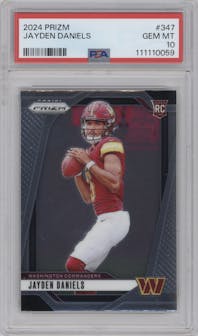 Jayden Daniels from the 2024 Panini Prizm set graded by PSA and given an overall grade of 10.