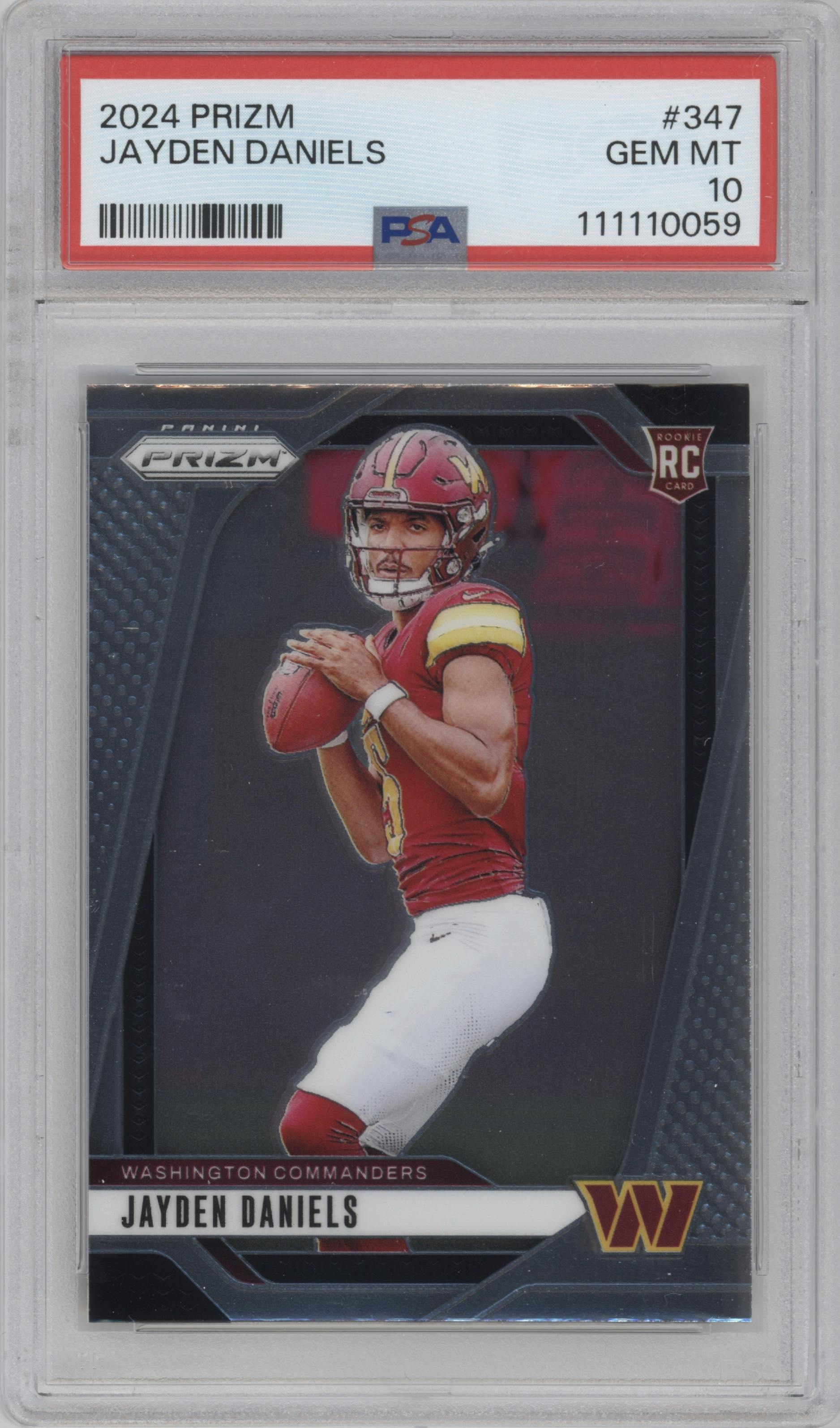 Jayden Daniels from the 2024 Panini Prizm set graded by PSA and given an overall grade of 10.