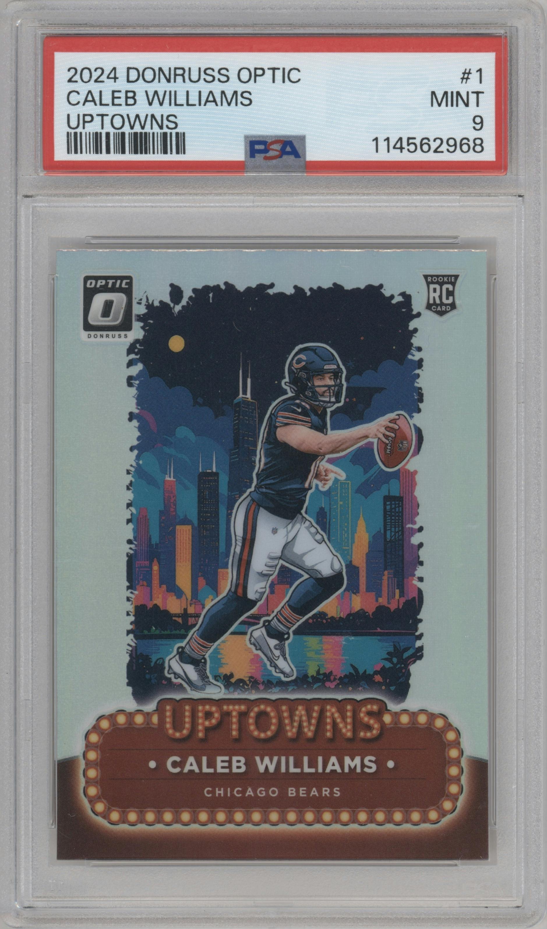 Caleb Williams from the 2024 Donruss Optic set graded by PSA and given an overall grade of 9.