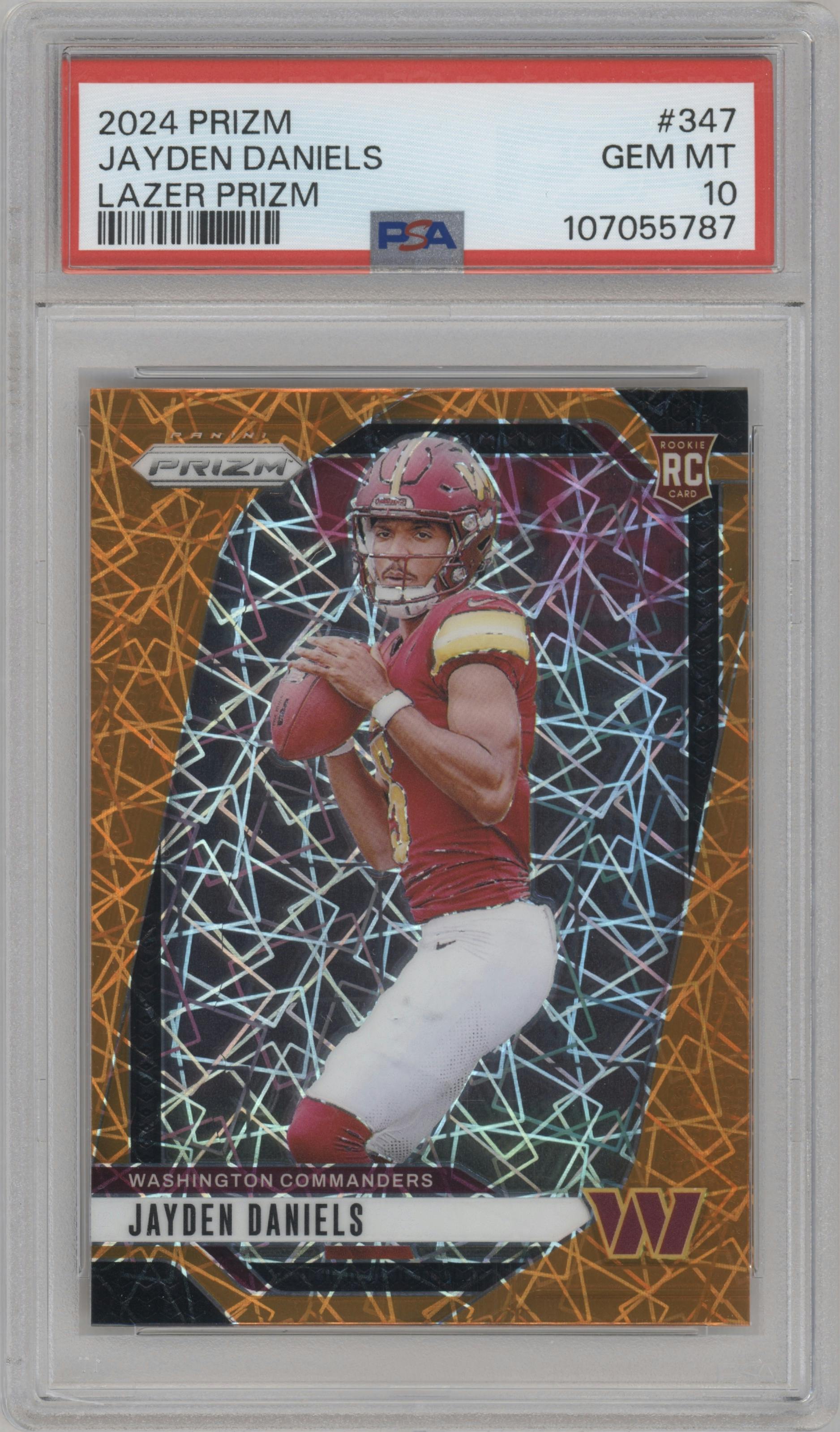 Jayden Daniels from the 2024 Panini Prizm set featuring a Lazer Prizm parallel graded by PSA and given an overall grade of 10.