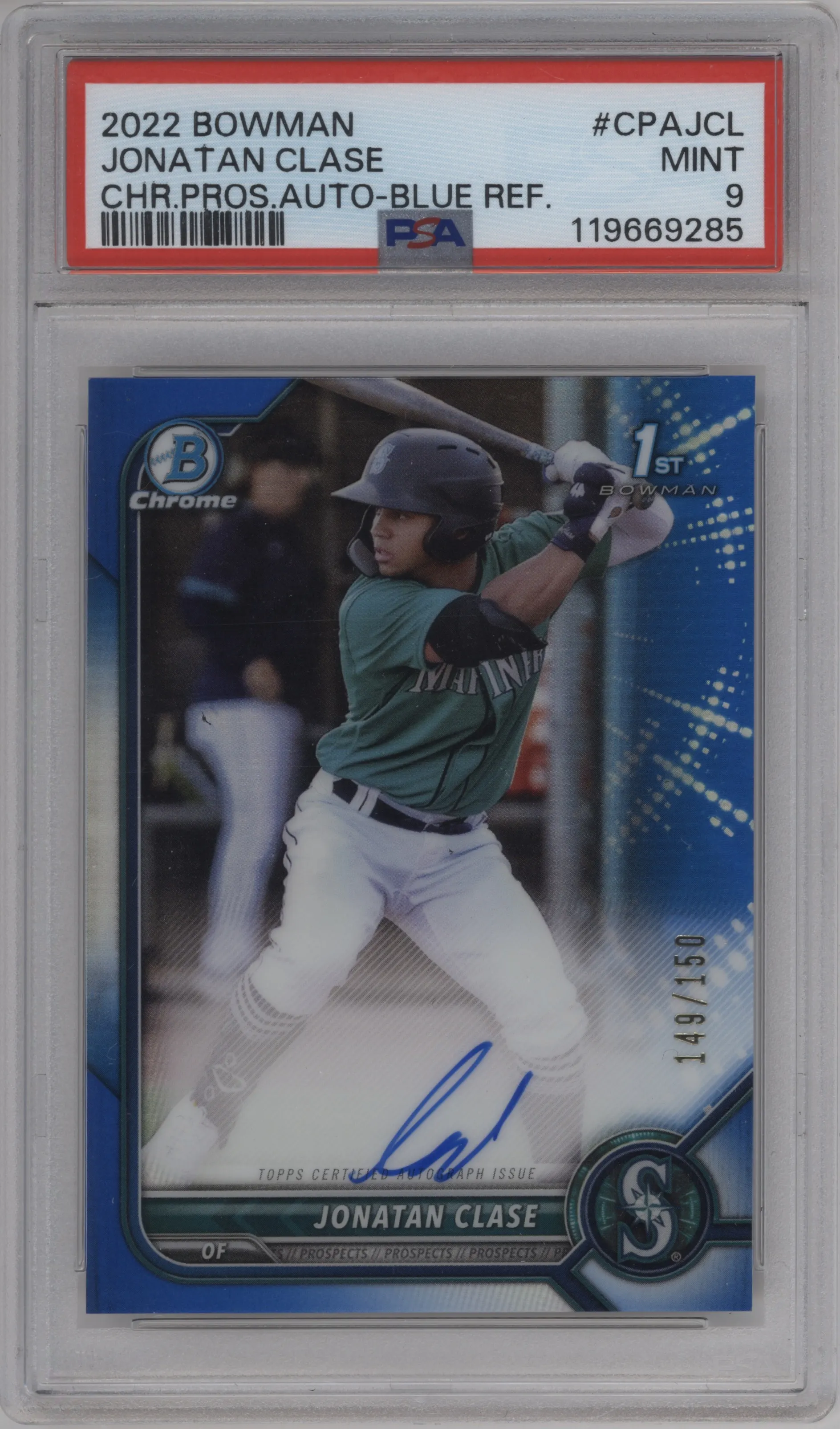 2022 Bowman Chr.Pros.Auto Jonatan Clase Blue Refractor PSA 9