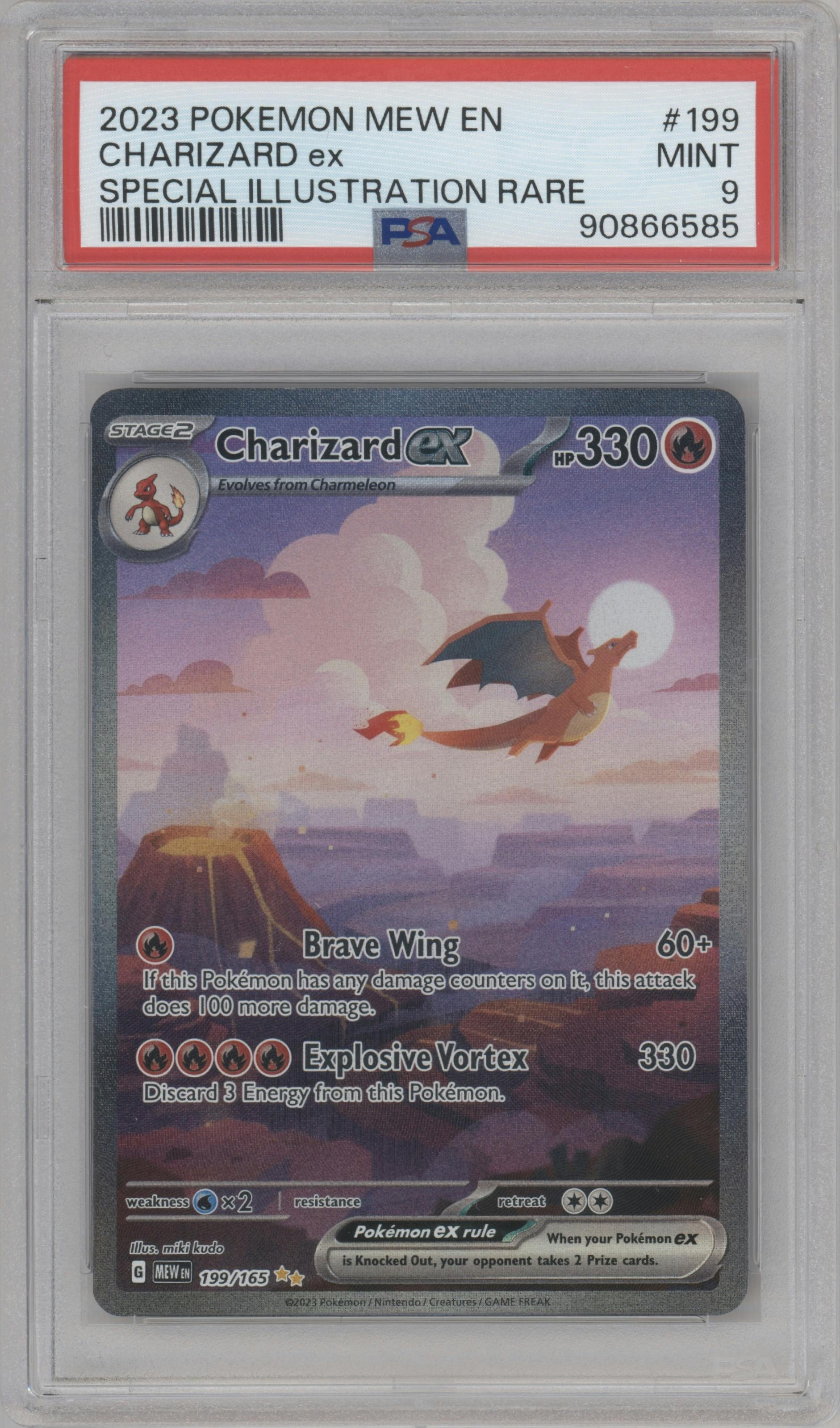 Charizard ex from the 2023 Pokemon SV set graded by PSA and given an overall grade of 9.