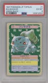 Bulbasaur from the  1997 Pokemon Topsun JPN set featuring a Green Back parallel graded by PSA and given an overall grade of 6.