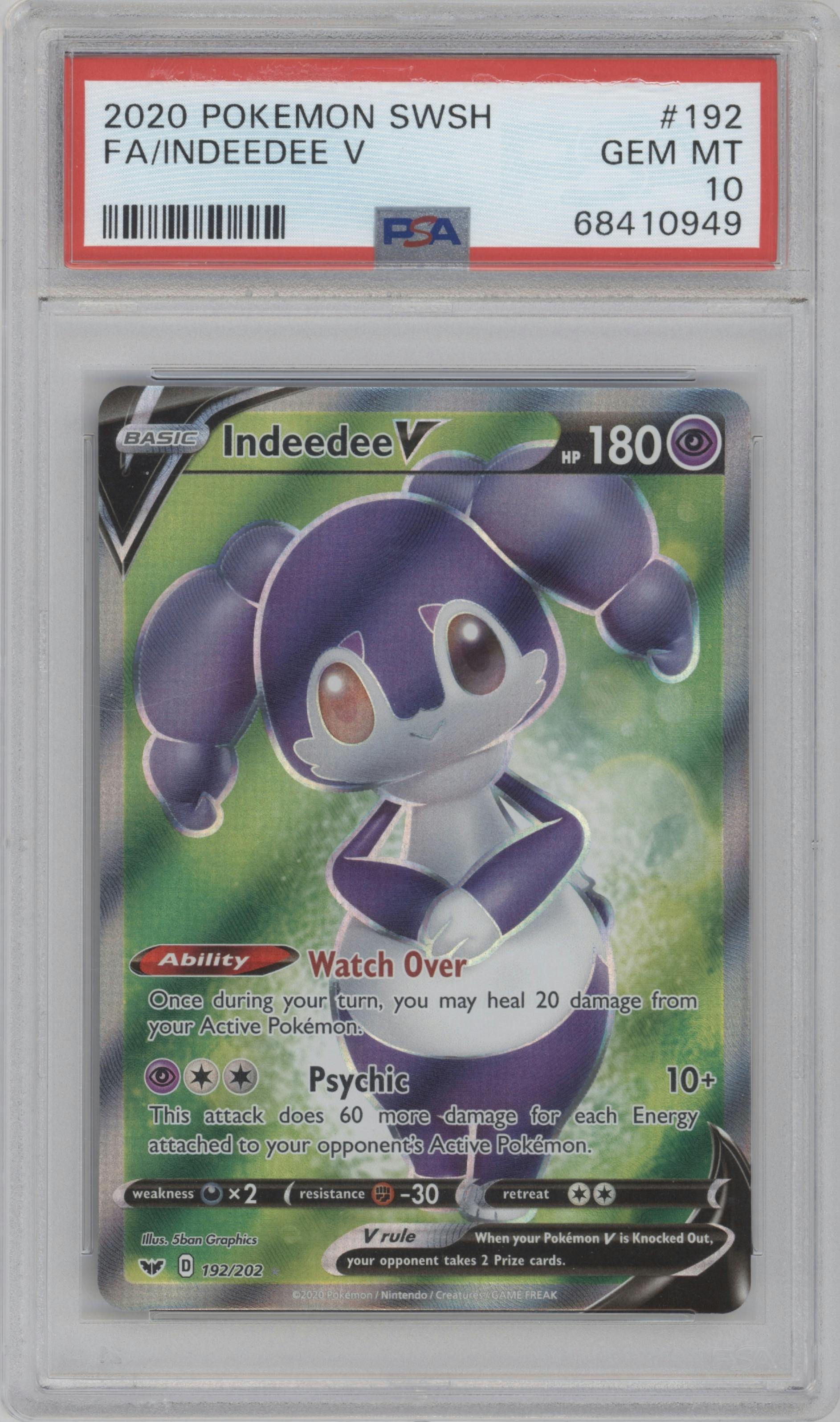 Indeedee V from the 2020 Pokemon SWSH set graded by PSA and given an overall grade of 10.