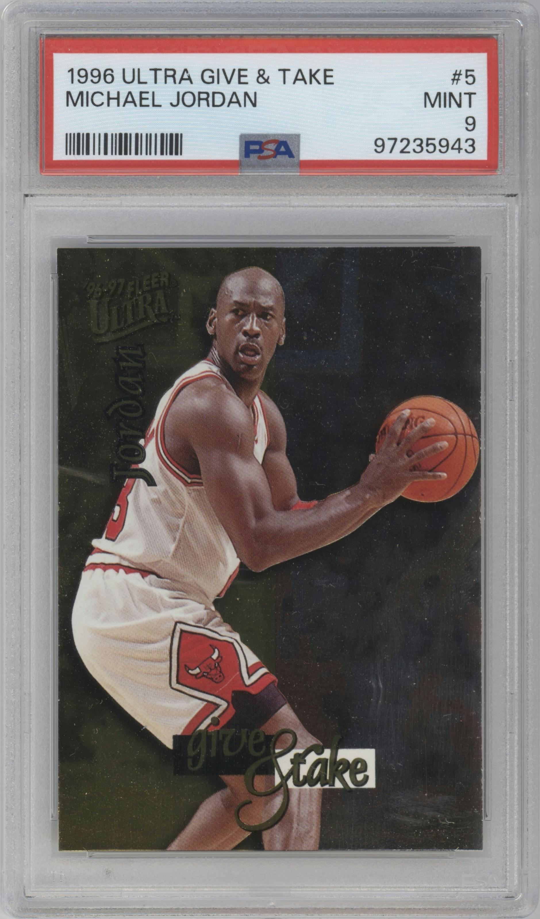 Michael Jordan from the 1996-97 Fleer Ultra set graded by PSA and given an overall grade of 9.