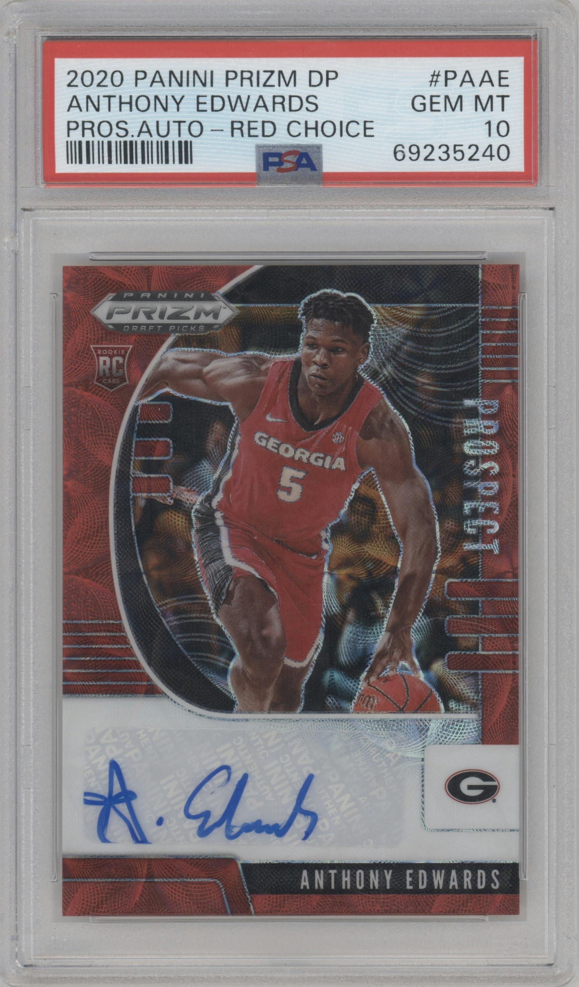 Anthony Edwards from the 2020-21 Panini Prizm Draft Picks set featuring a Choice Red Prizm parallel graded by PSA and given an overall grade of 10.