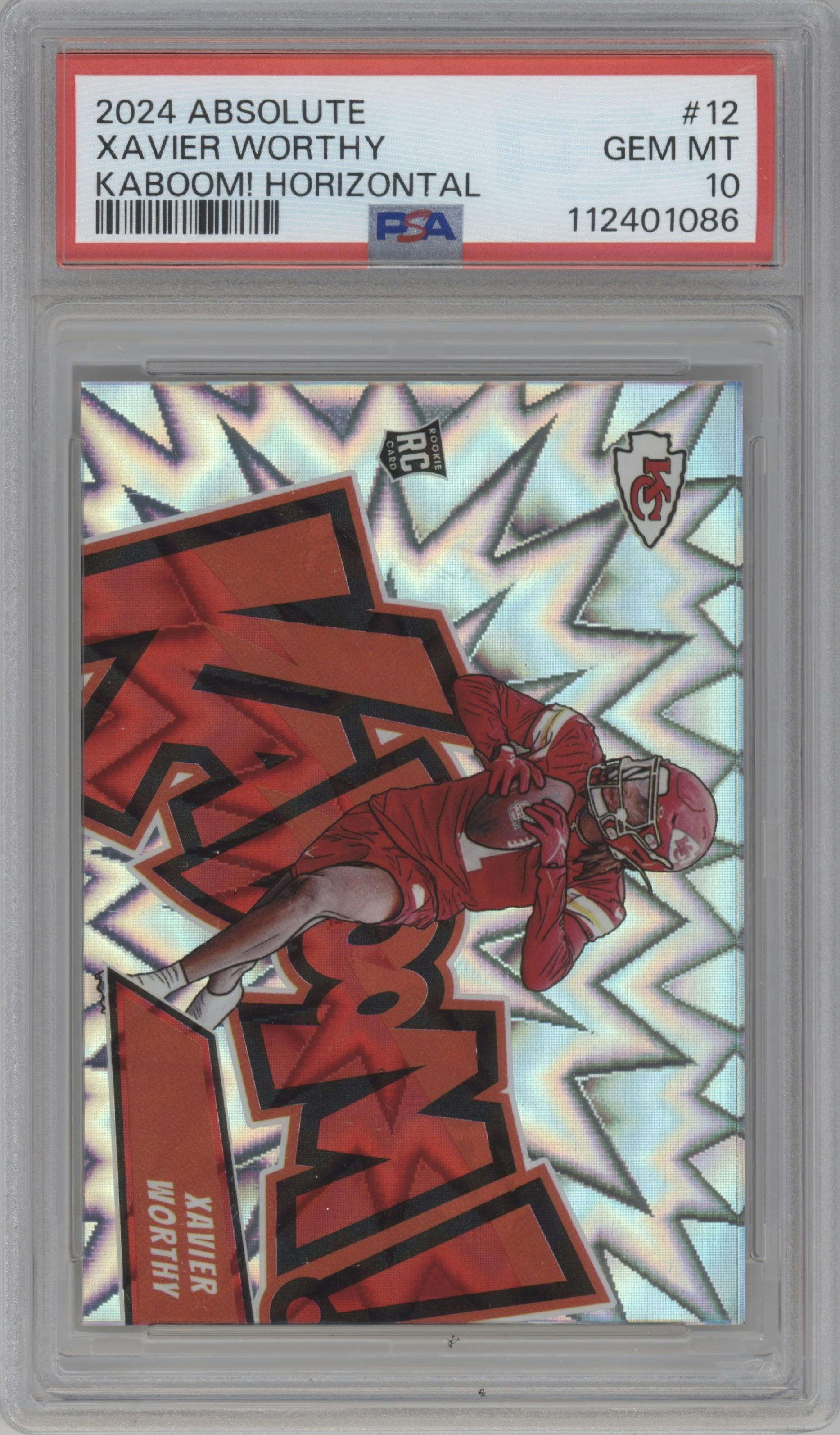 Xavier Worthy from the 2024 Panini Absolute set graded by PSA and given an overall grade of 10.