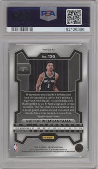 Victor Wembanyama from the 2023-24 Panini Prizm set featuring a Silver Prizm  parallel graded by PSA and given an overall grade of 9.