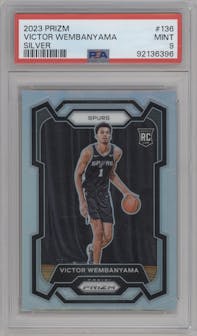Victor Wembanyama from the 2023-24 Panini Prizm set featuring a Silver Prizm  parallel graded by PSA and given an overall grade of 9.