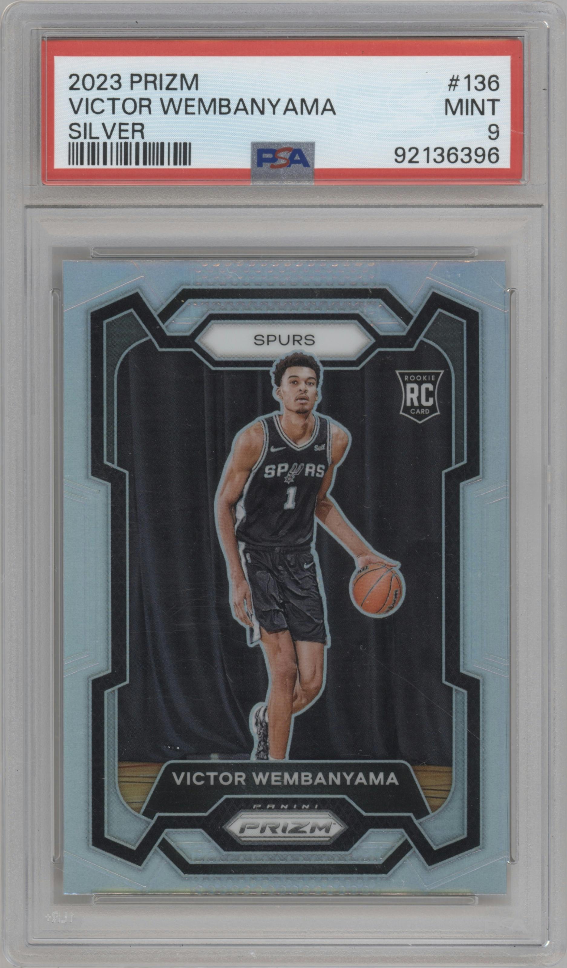 Victor Wembanyama from the 2023-24 Panini Prizm set featuring a Silver Prizm  parallel graded by PSA and given an overall grade of 9.
