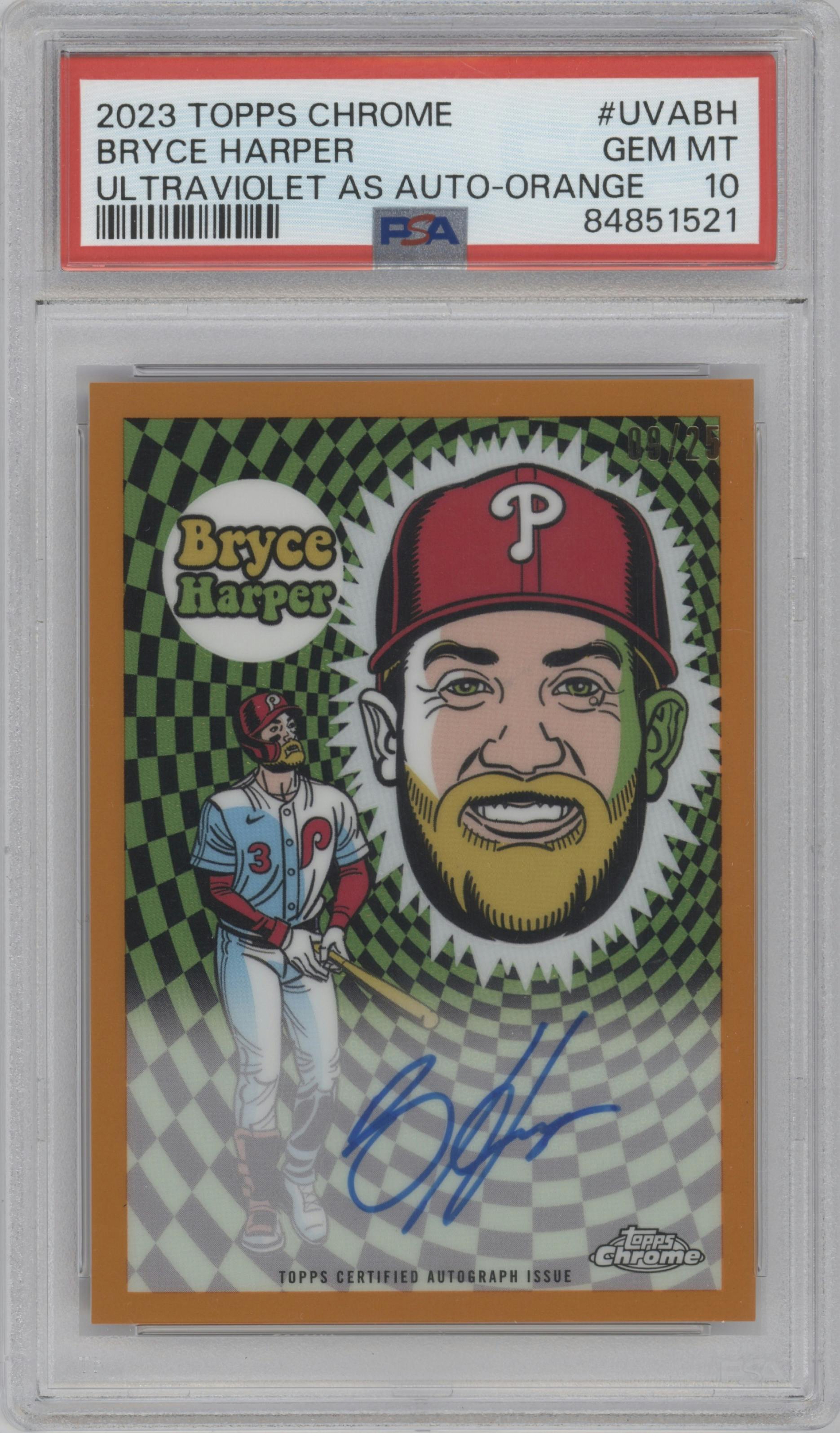 Bryce Harper from the 2023 Topps Chrome set featuring a Orange Refractor parallel graded by PSA and given an overall grade of 10.