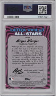 Bryce Harper from the 2023 Topps Chrome set featuring a Orange Refractor parallel graded by PSA and given an overall grade of 10.