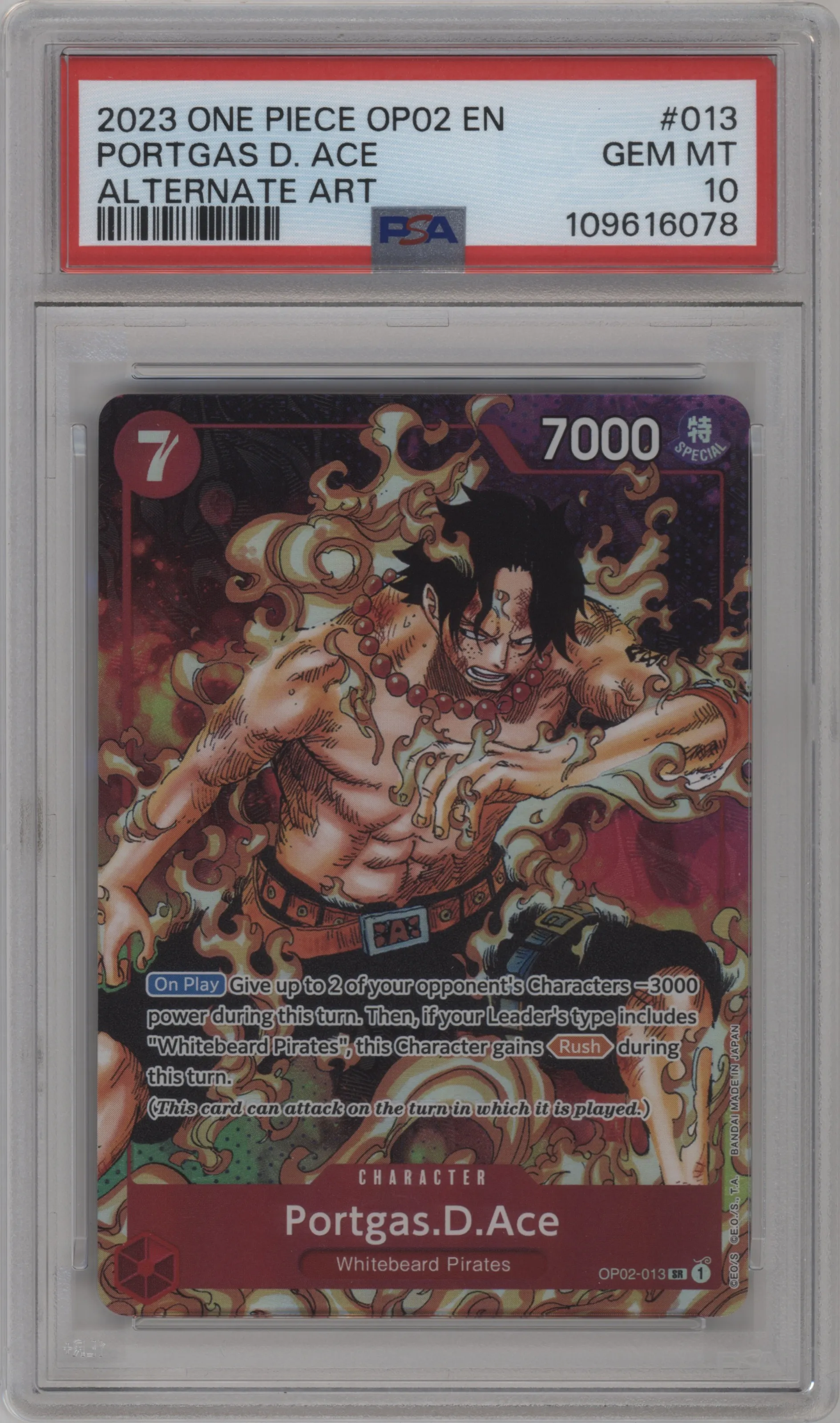 2023 One Piece Paramount War Portgas.D.Ace Alternate Art SR #OP02-013 SR PSA 10