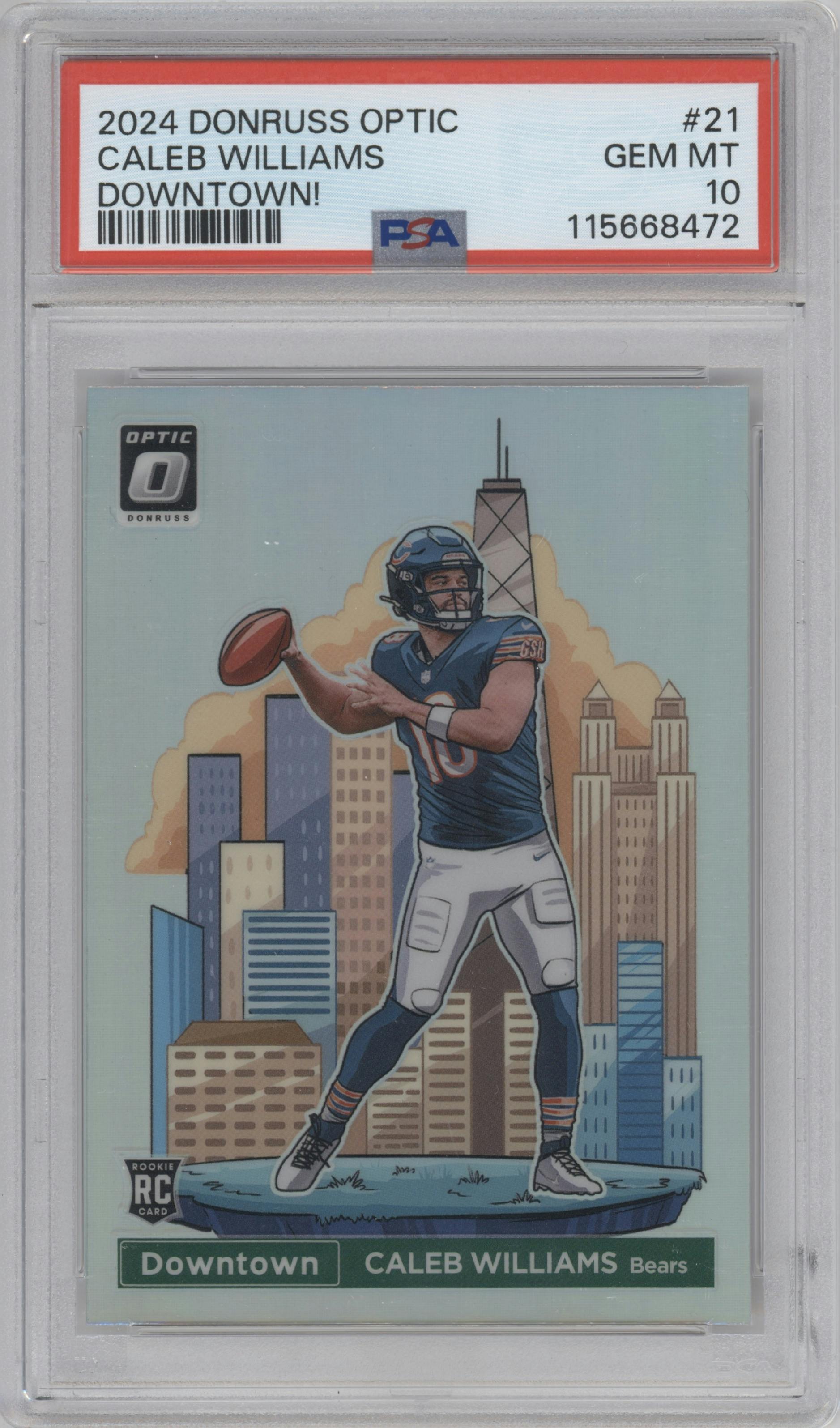 Caleb Williams from the 2024 Donruss Optic set graded by PSA and given an overall grade of 10.