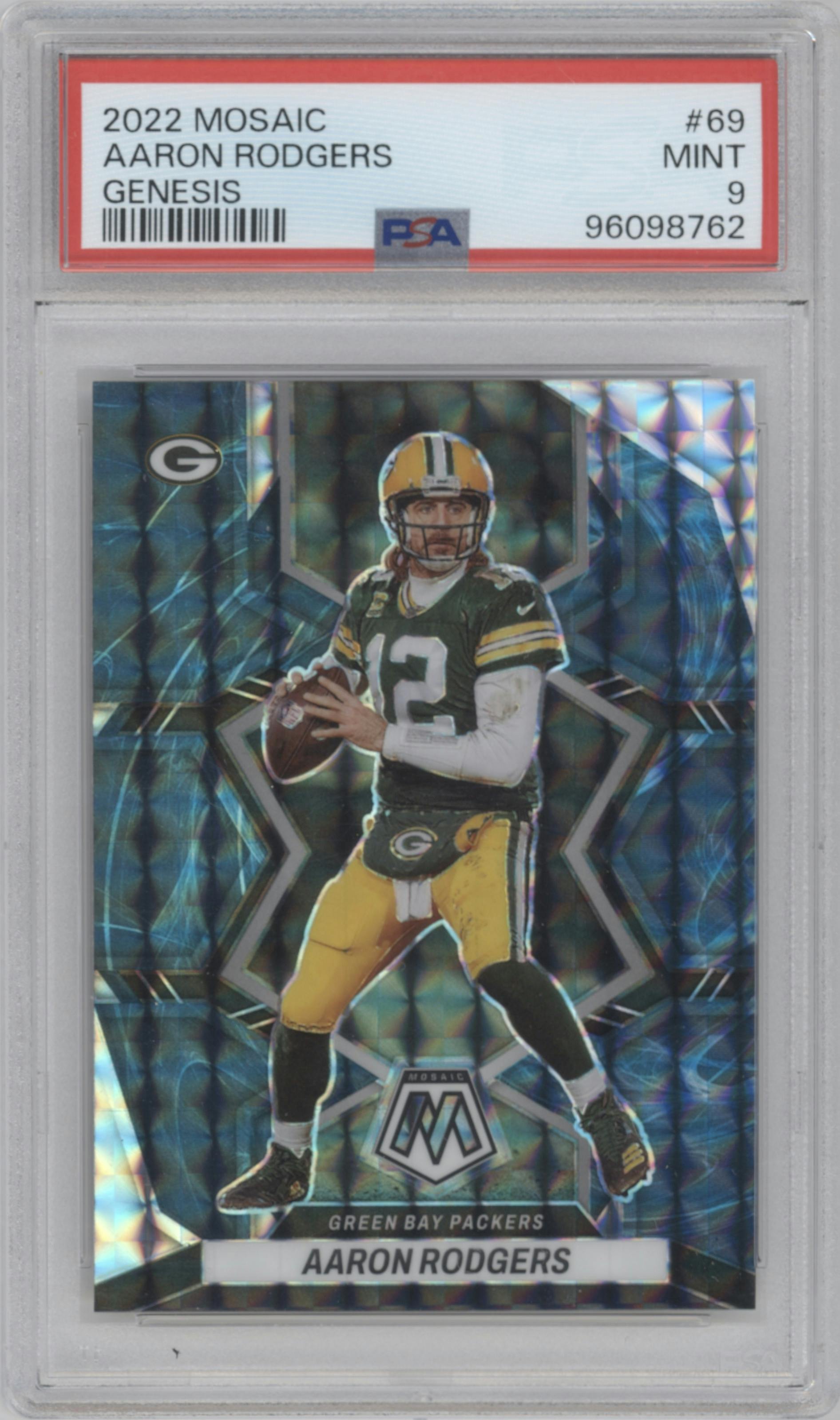 Aaron Rodgers from the 2022 Panini Mosaic set featuring a Genesis parallel graded by PSA and given an overall grade of 9.