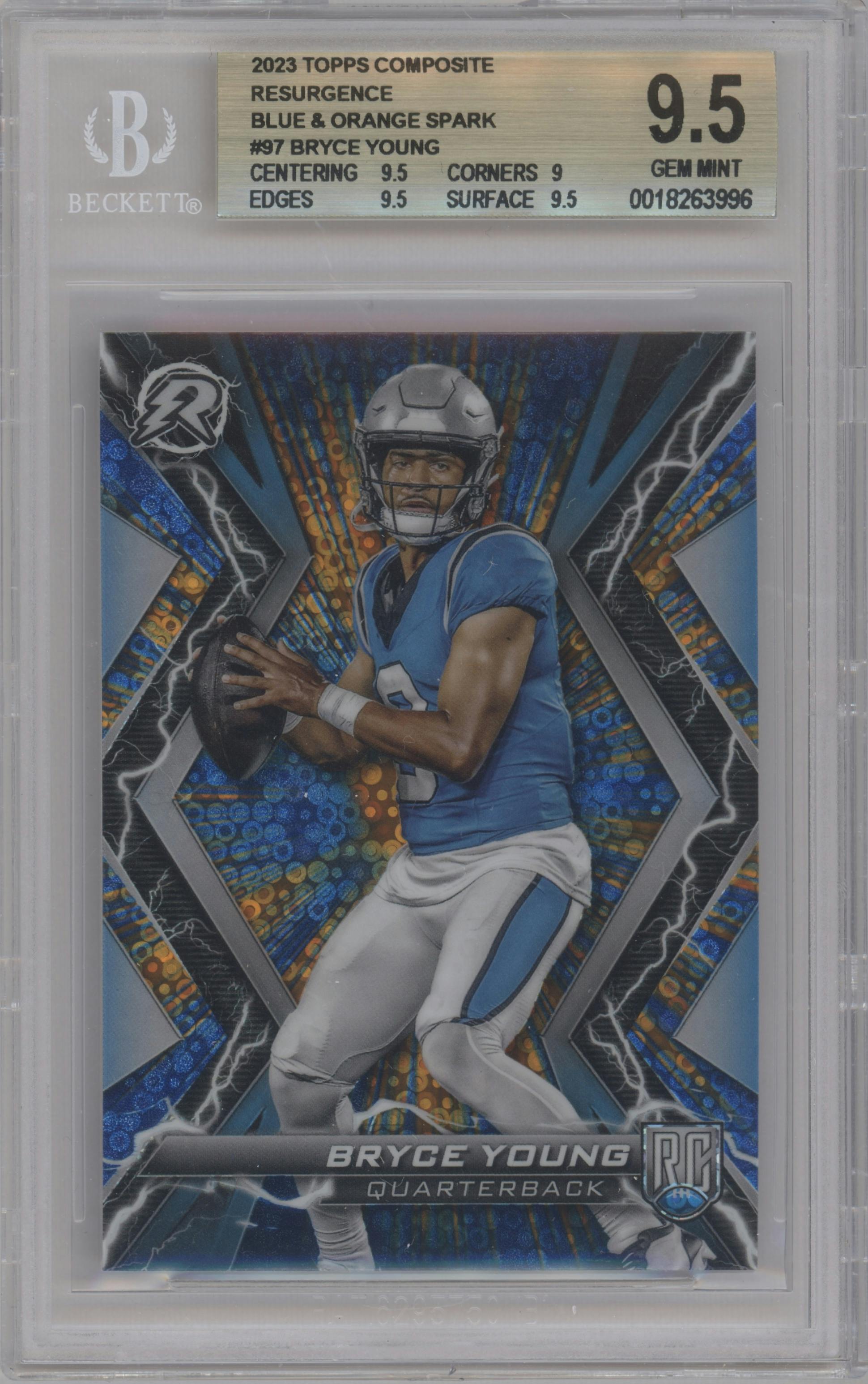 Bryce Young from the 2023 Topps Composite set featuring a Blue and Orange Spark parallel graded by Beckett and given an overall grade of 9.5.