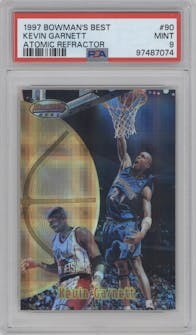Kevin Garnett from the 1997-98 Bowman's Best set featuring a Atomic Refractor parallel graded by PSA and given an overall grade of 9.