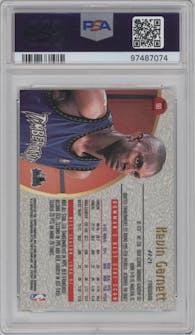 Kevin Garnett from the 1997-98 Bowman's Best set featuring a Atomic Refractor parallel graded by PSA and given an overall grade of 9.