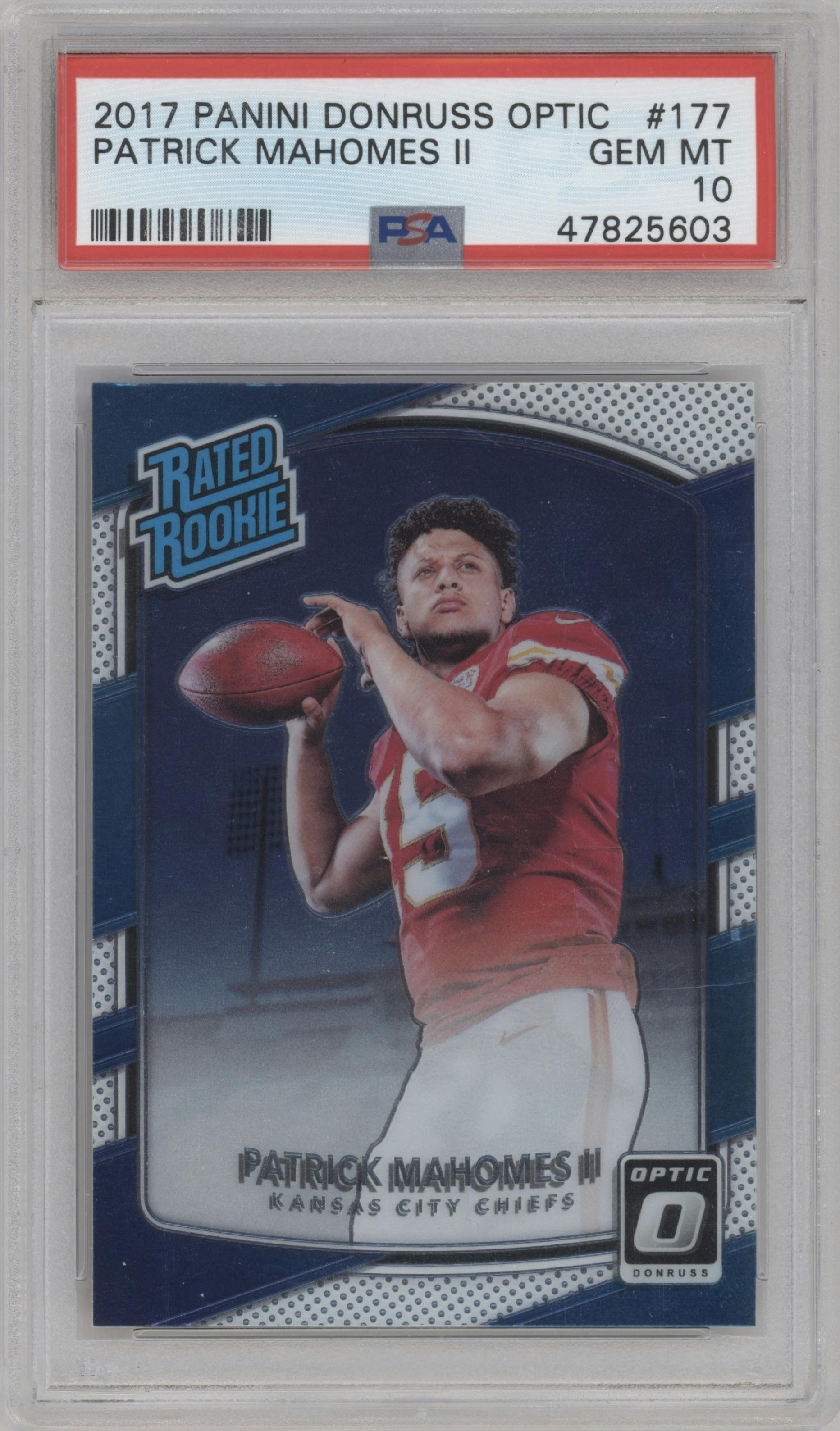 Patrick Mahomes II from the 2017 Panini Donruss Optic set graded by PSA and given an overall grade of 10.