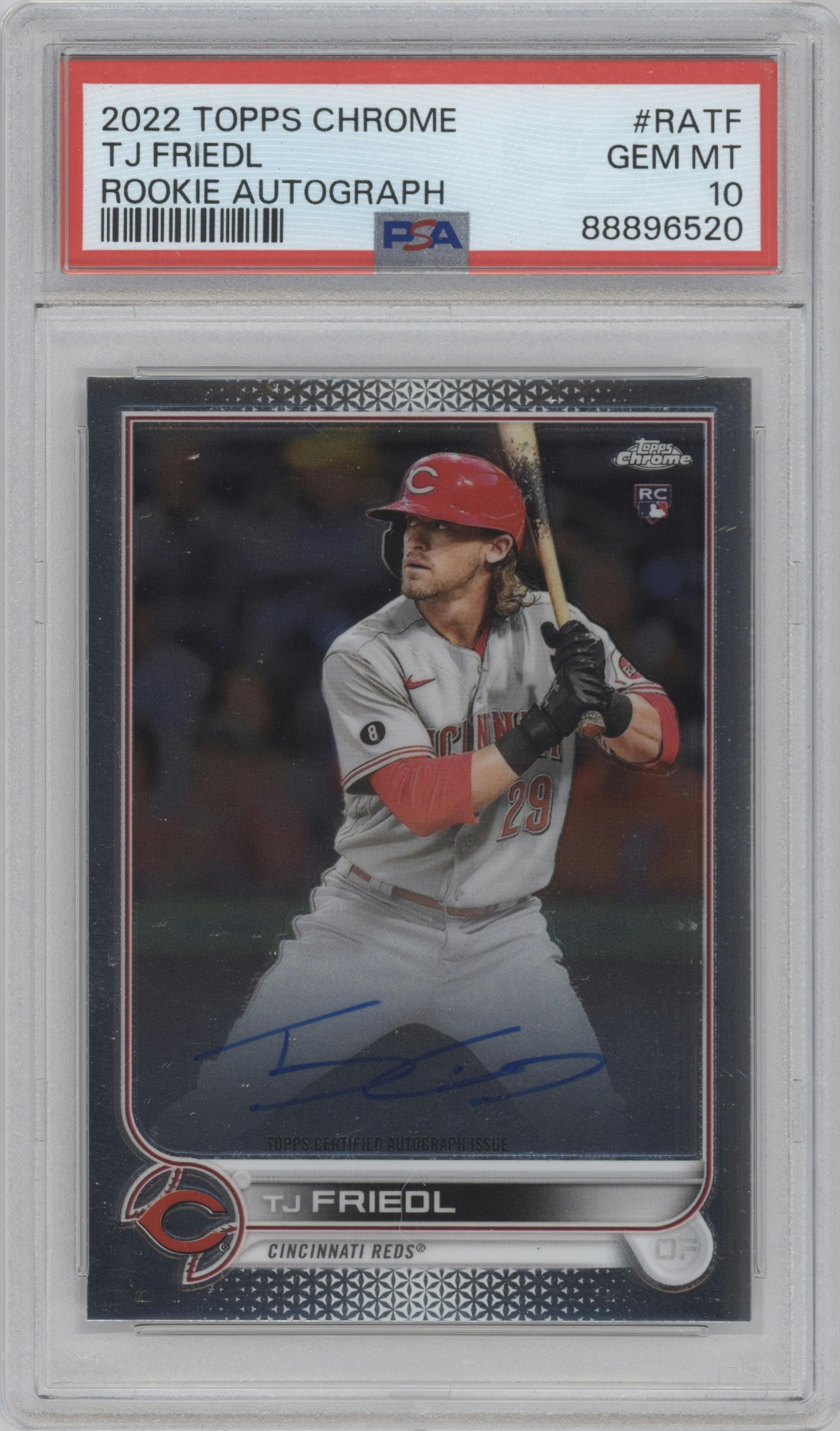 TJ Friedl from the 2022 Topps Chrome set graded by PSA and given an overall grade of 10.