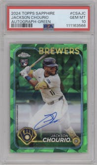 Jackson Chourio from the 2024 Topps Chrome Sapphire set featuring a Green parallel graded by PSA and given an overall grade of 10.