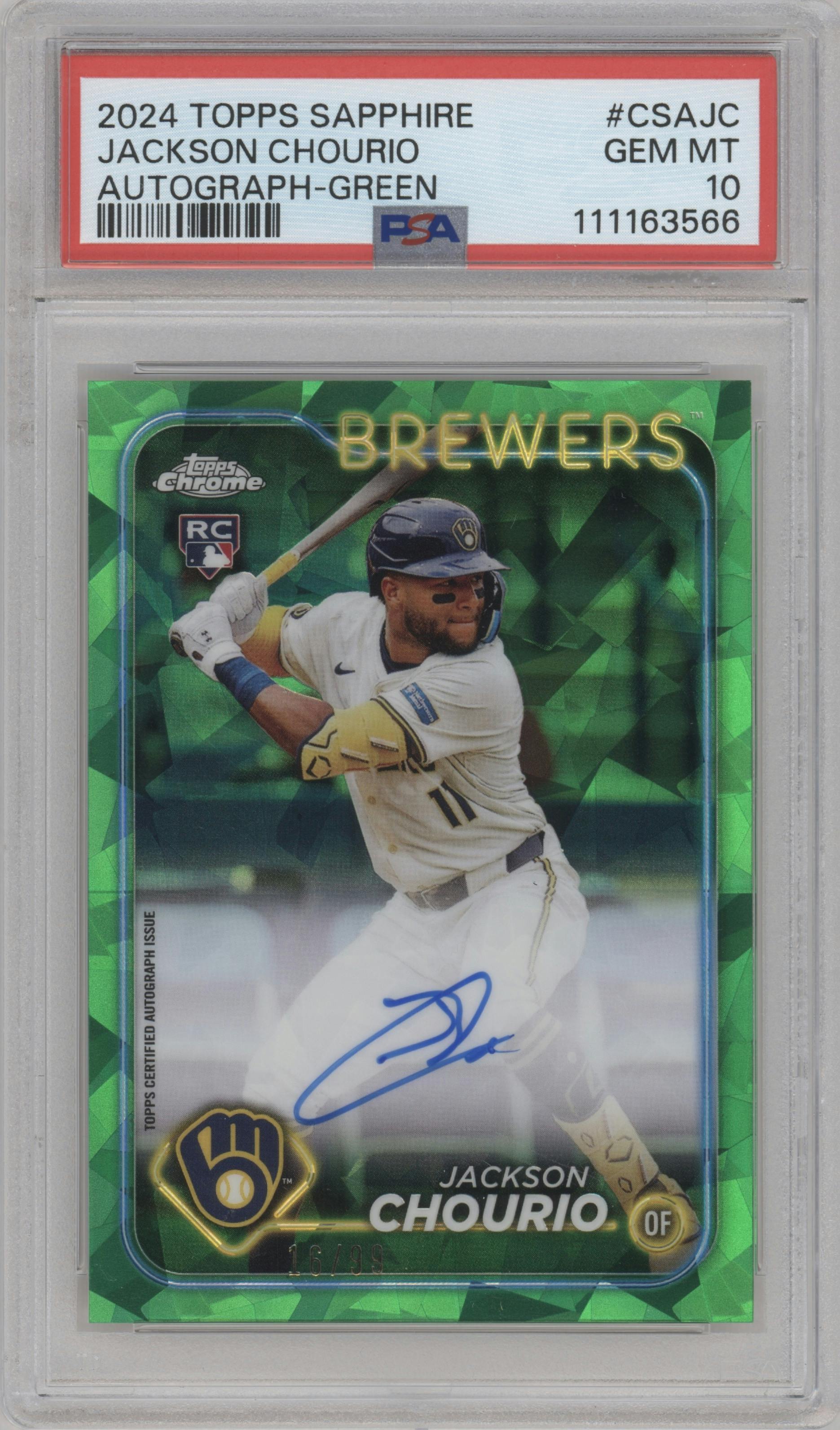 Jackson Chourio from the 2024 Topps Chrome Sapphire set featuring a Green parallel graded by PSA and given an overall grade of 10.