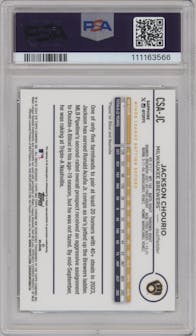 Jackson Chourio from the 2024 Topps Chrome Sapphire set featuring a Green parallel graded by PSA and given an overall grade of 10.