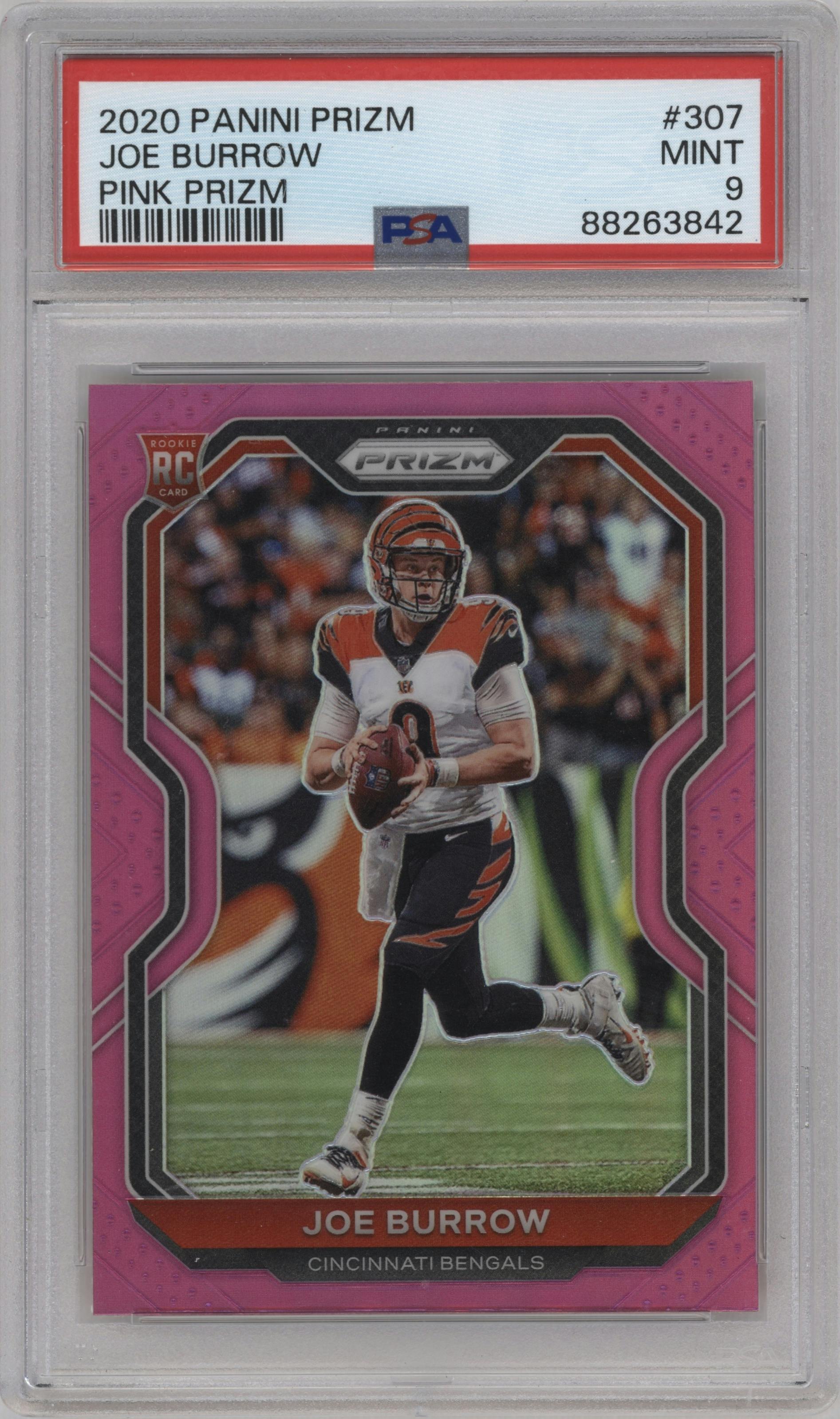Joe Burrow from the 2020 Panini Prizm set featuring a Pink Prizm parallel graded by PSA and given an overall grade of 9.
