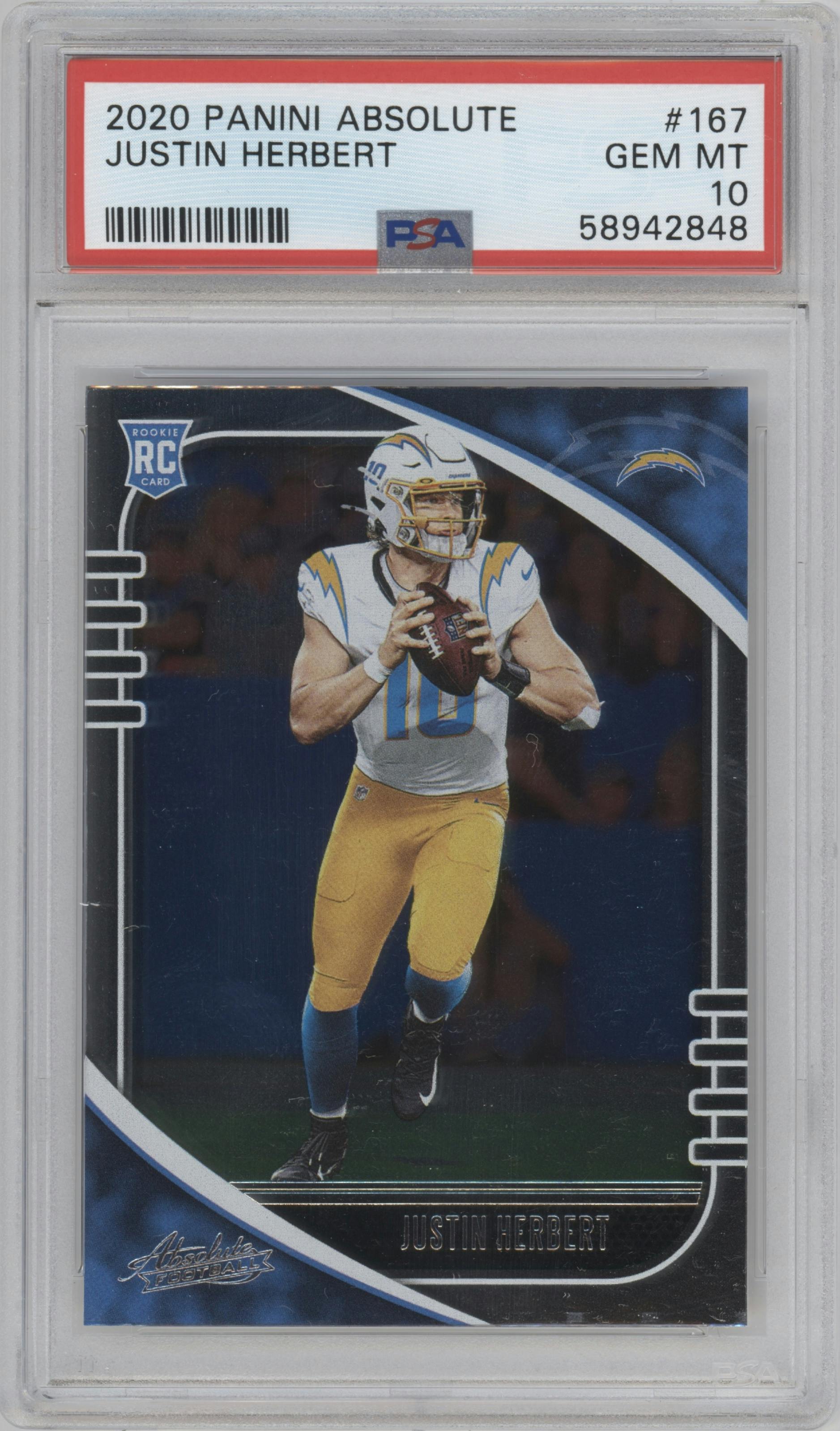 Justin Herbert  from the 2020 Panini Absolute set graded by PSA and given an overall grade of 10.