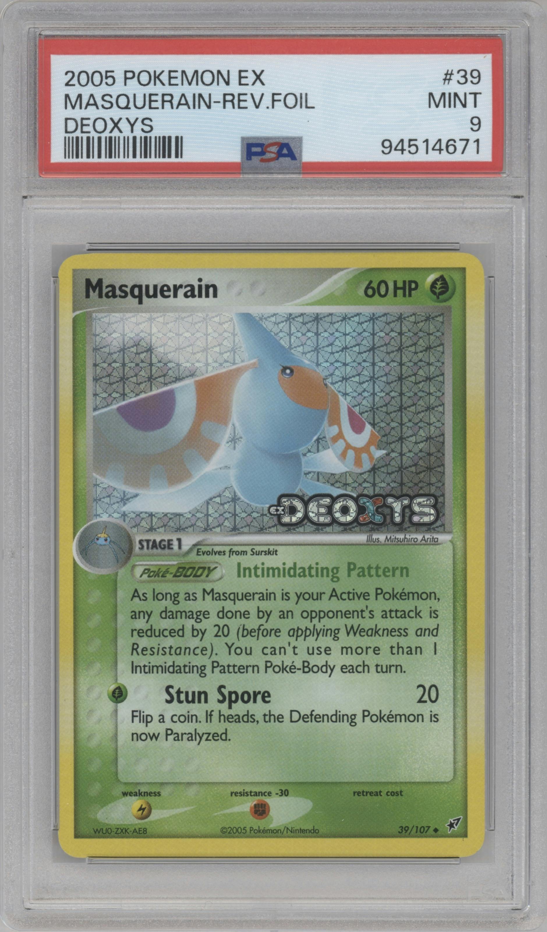 Masquerain from the 2005 Pokemon EX set graded by PSA and given an overall grade of 9.
