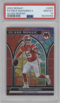 Patrick Mahomes II from the 2022 Panini Mosaic set graded by PSA and given an overall grade of 10.