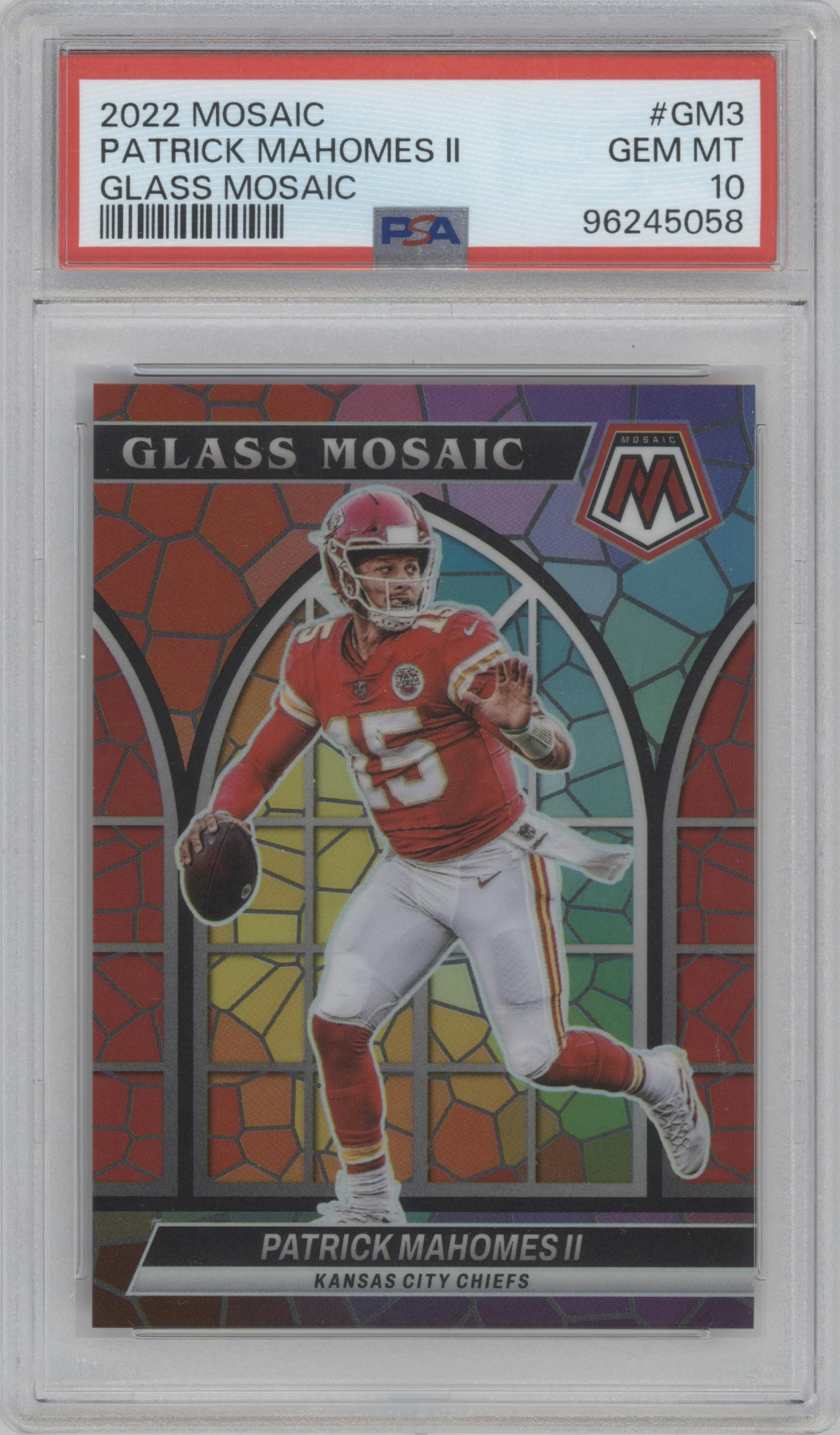 Patrick Mahomes II from the 2022 Panini Mosaic set graded by PSA and given an overall grade of 10.