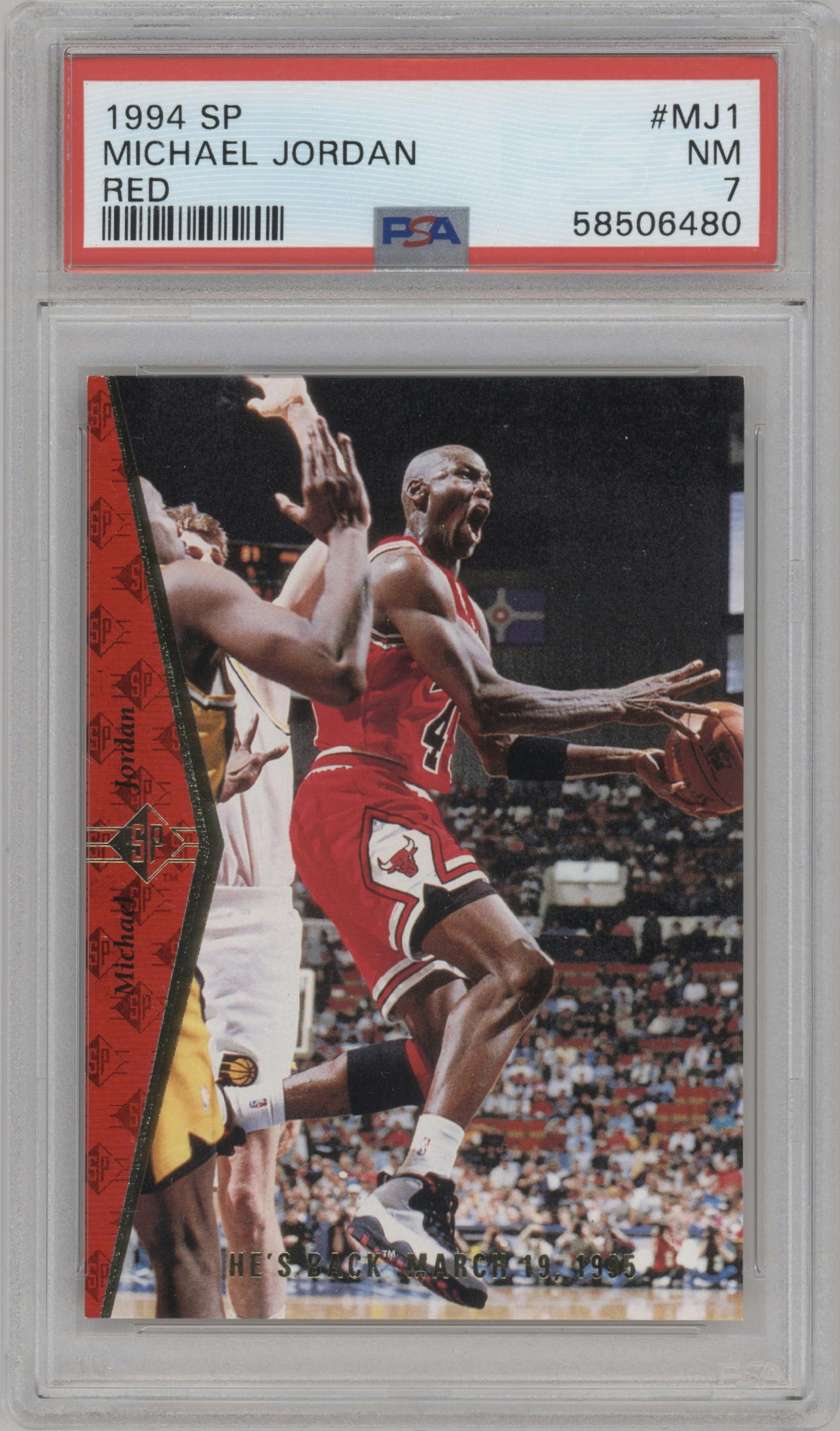 Michael Jordan from the 1994-95 SP set featuring a Red parallel graded by PSA and given an overall grade of 7.