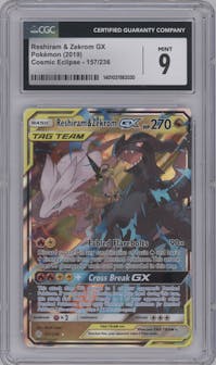 Reshiram/Zekrom GX from the 2019 Pokemon S&M  set graded by CSG and given an overall grade of 9.