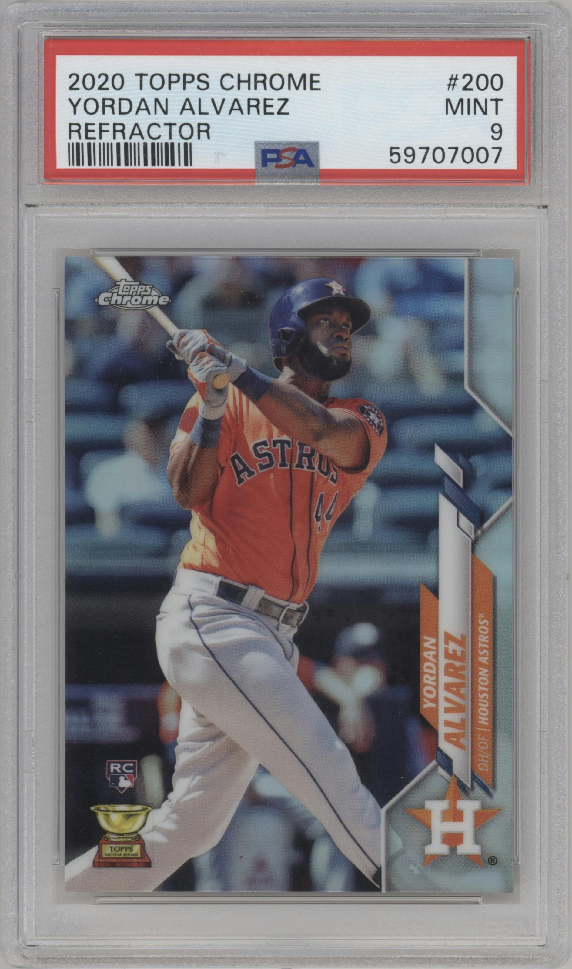 Yordan Alvarez from the 2020 Topps Chrome set featuring a Refractor  parallel graded by PSA and given an overall grade of 9.