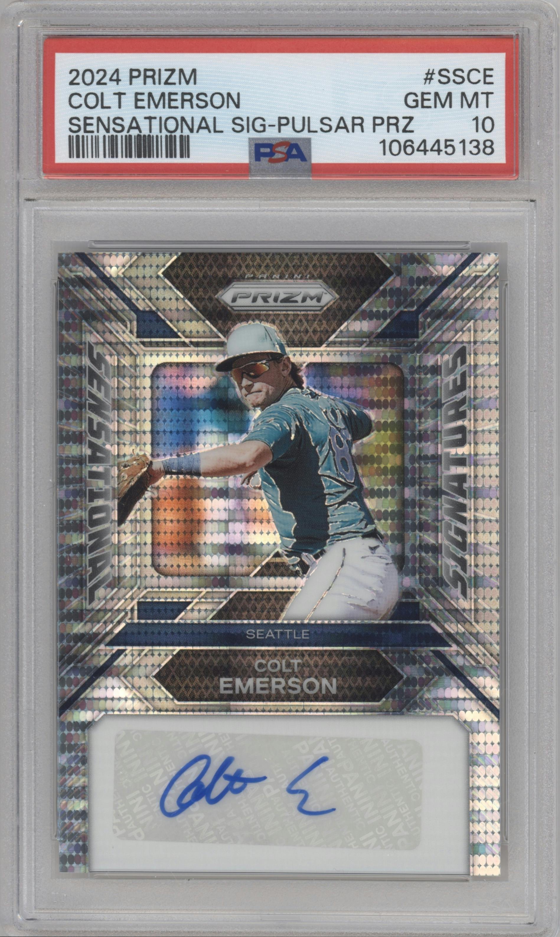 Colt Emerson from the 2024 Panini Prizm set featuring a Pulsar Prizm parallel graded by PSA and given an overall grade of 10.
