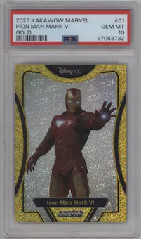 Iron Man Mark VI  from the 2023 Kakawow Phantom Disney 100 Marvel set graded by PSA and given an overall grade of 10.