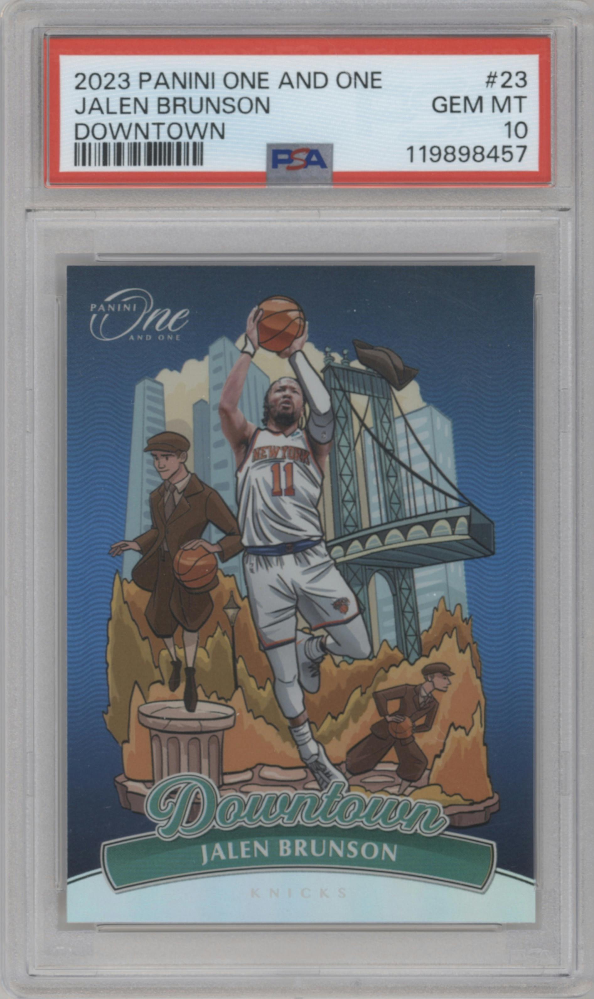 Jalen Brunson from the 2023-24 Panini One and One set graded by PSA and given an overall grade of 10.