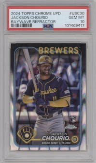 Jackson Chourio from the 2024 Topps Chrome Update set featuring a RayWave Refractor parallel graded by PSA and given an overall grade of 10.